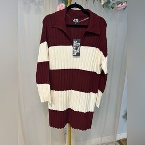 Future Collective Women's Long Sleeve Burgundy and Cream Dress